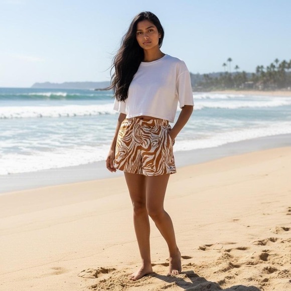 Quiksilver Zebra Print Shorts M Elastic Waist Boho Summer Casual Orange - Picture 5 of 14